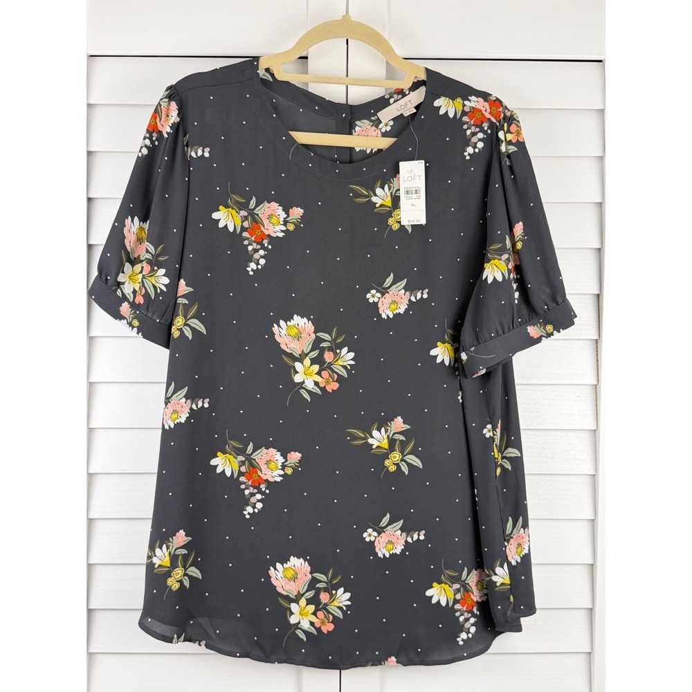 LOFT Blouse XL Black Floral Polka Dot Puff Sleeve Button Back NEW